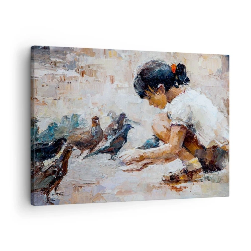 Tablou pe pânză Canvas - O fată care hrănește păsările într-un stil pictural - 70x50cm - Cei mici și cei mai cuminți - Decorațiune modernă pentru perete pentru living și dormitor ARTTOR