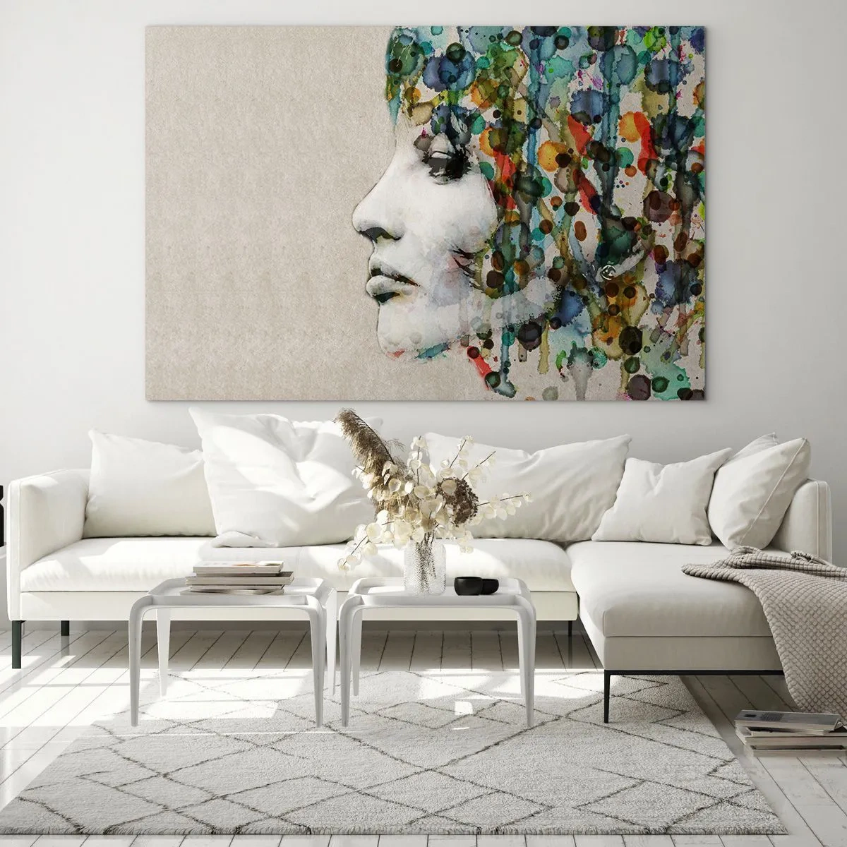 Tablou pe sticlă - Portretul unei femei cu accente abstracte de culoare - 70x50cm - A ieșit din cenușiu - Decorațiune modernă pentru perete pentru living și dormitor ARTTOR