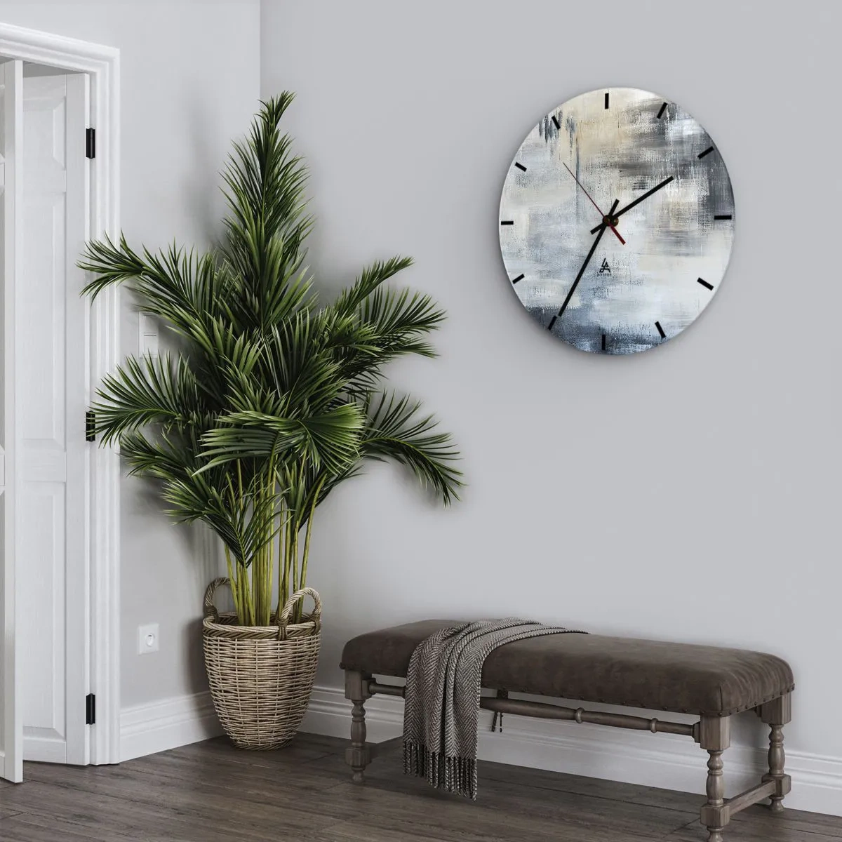Ceas de perete - Ceas pe sticlă - Compoziție abstractă în nuanțe de gri și bej - 30x30cm - În spatele unui voal albastru - Decorațiune modernă pentru perete pentru living, bucătărie și dormitor ARTTOR