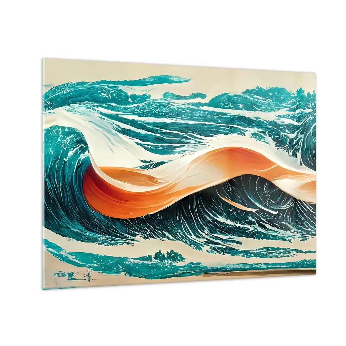 Tablou pe sticlă - Valuri turcoaz cu o panglică portocalie într-un stil suprarealist - 70x50cm - Visul unui surfer - Decorațiune modernă pentru perete pentru living și dormitor ARTTOR