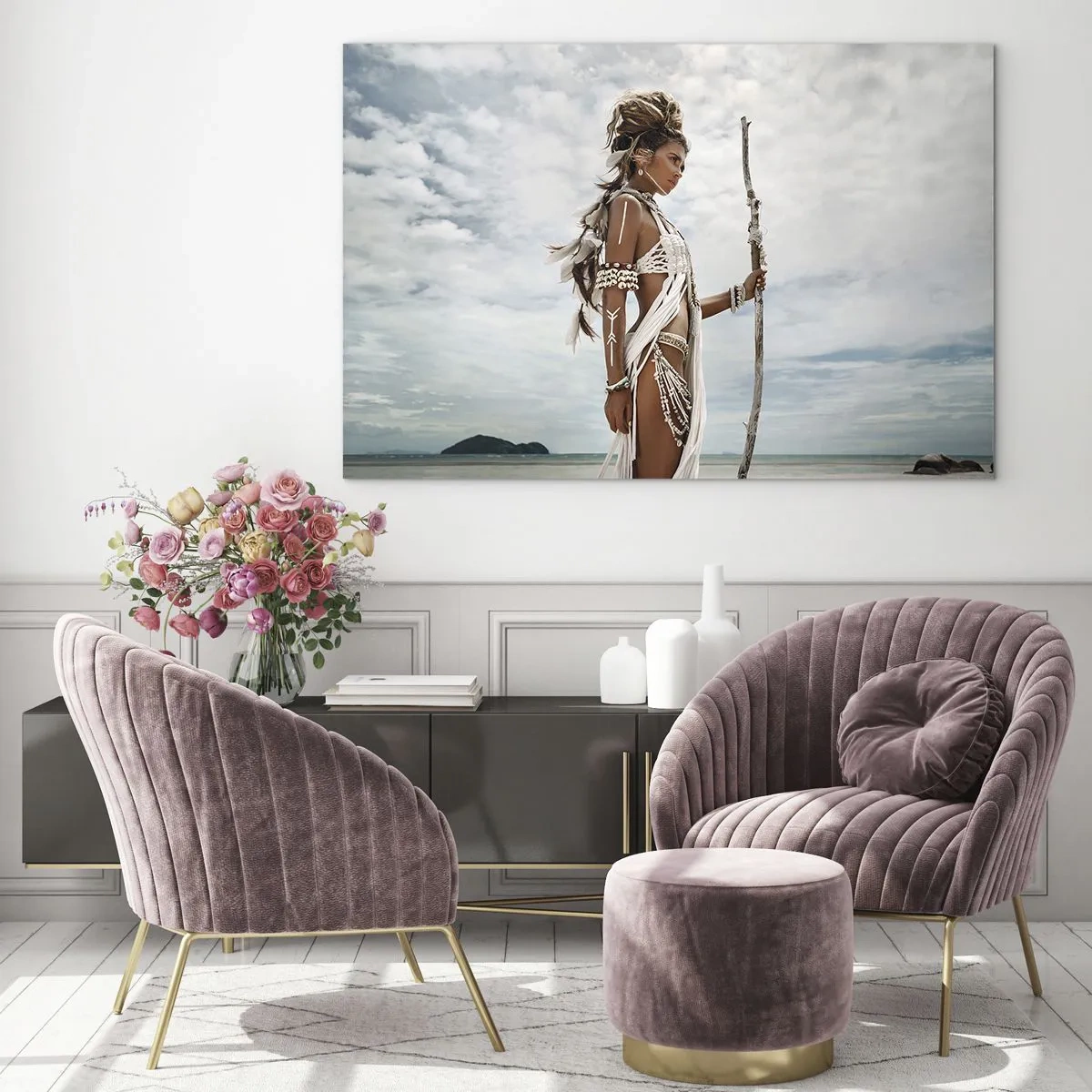 Tablou pe sticlă - O figură exotică pe fundalul plajei și al cerului - 70x50cm - Regina tropicelor - Decorațiune modernă pentru perete pentru living și dormitor ARTTOR