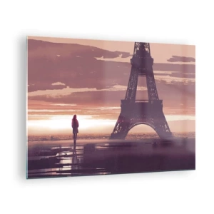 Tablou pe sticlă - Turnul Eiffel la apus cu silueta unei persoane - 70x50cm - Doar ele două - Decorațiune modernă pentru perete pentru living și dormitor ARTTOR