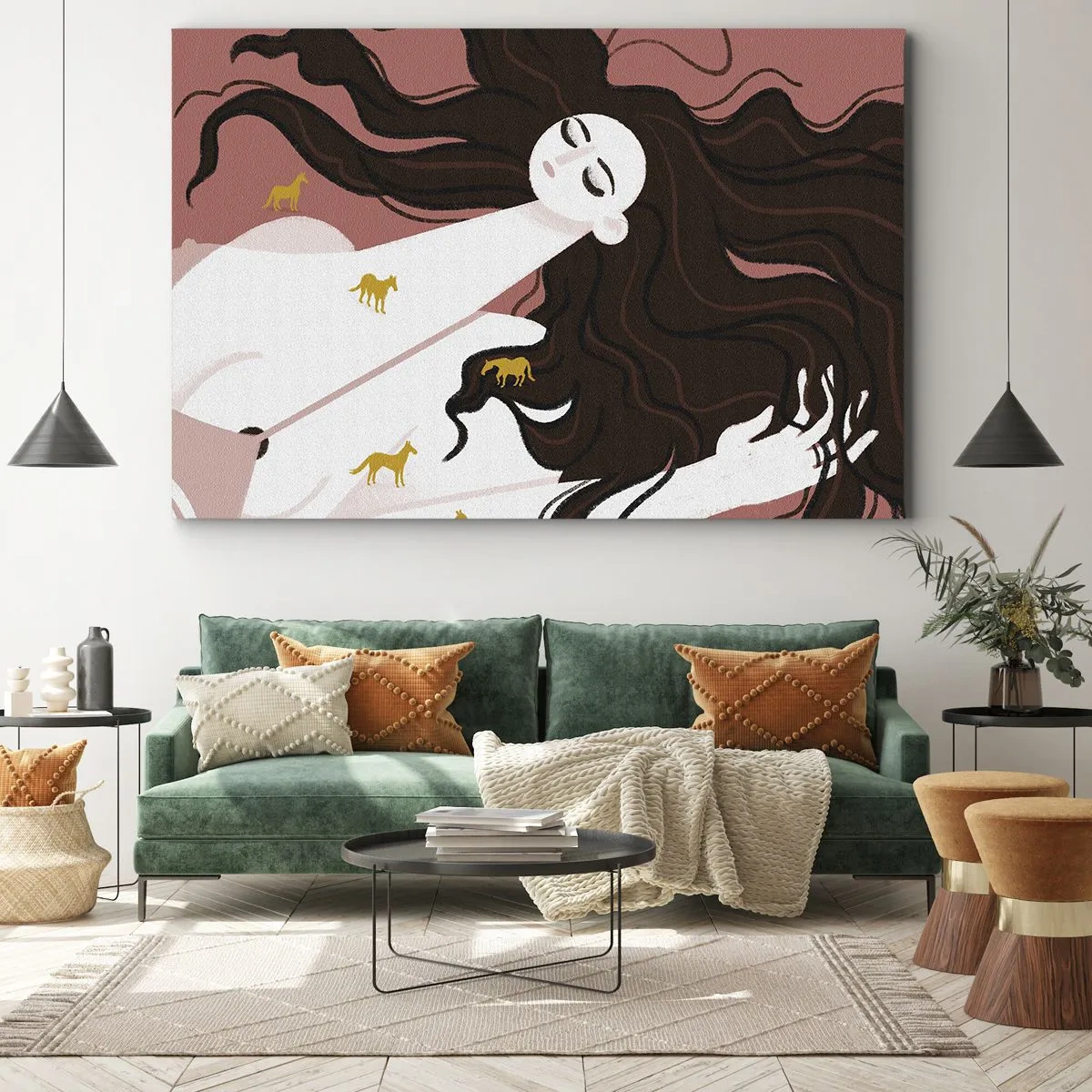 Tablou pe pânză Canvas - O figură cu ochii închiși înconjurată de cai aurii - 70x50cm - Visul despre calul de aur - Decorațiune modernă pentru perete pentru living și dormitor ARTTOR