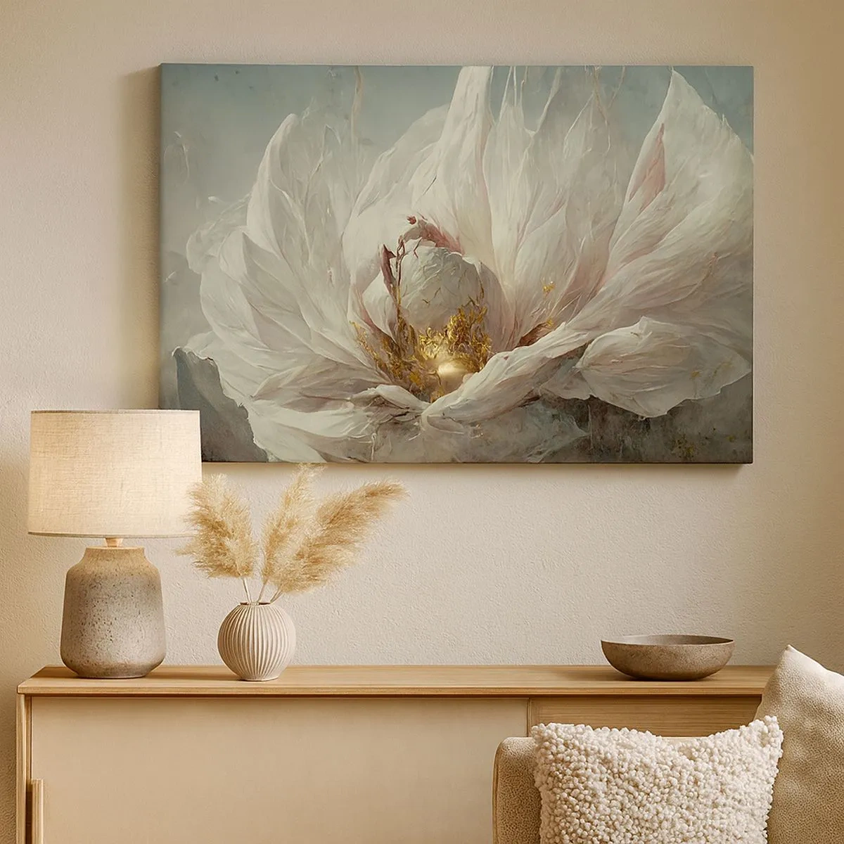 Tablou pe pânză Canvas - O floare albă delicată cu accente subtile aurii - 70x50cm - Înflorește o dată la o sută de ani - Decorațiune modernă pentru perete pentru living și dormitor ARTTOR