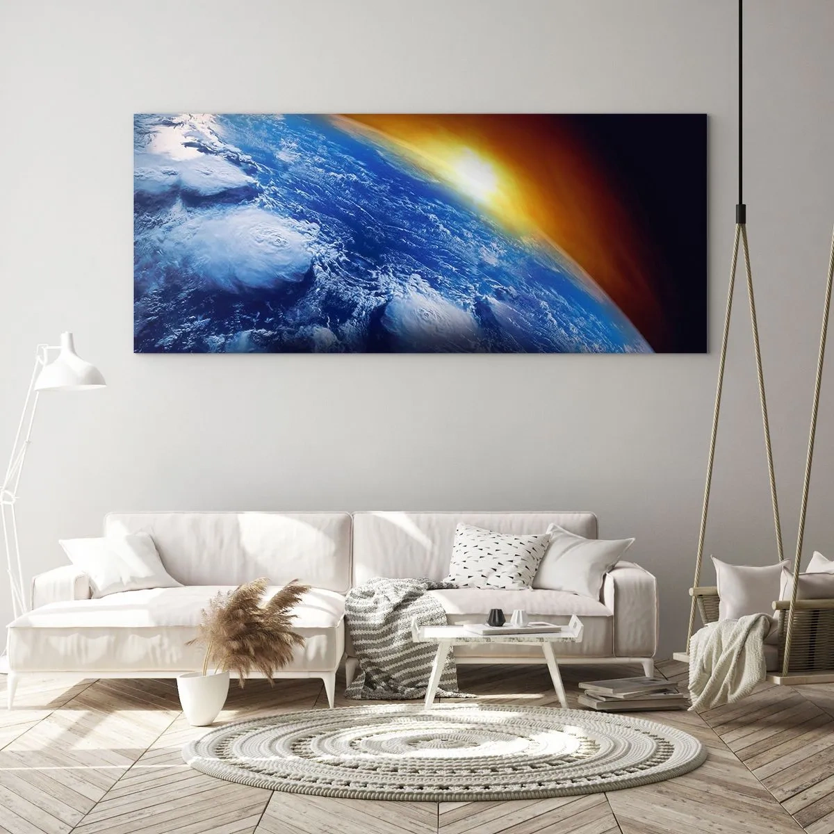 Tablou pe sticlă - Răsărit de soare deasupra planetei albastre - 100x40 cm
