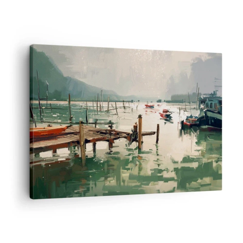 Tablou pe pânză Canvas - Un port pitoresc cu bărci pe ape calme - 70x50cm - Scufundat în luna topită - Decorațiune modernă pentru perete pentru living și dormitor ARTTOR