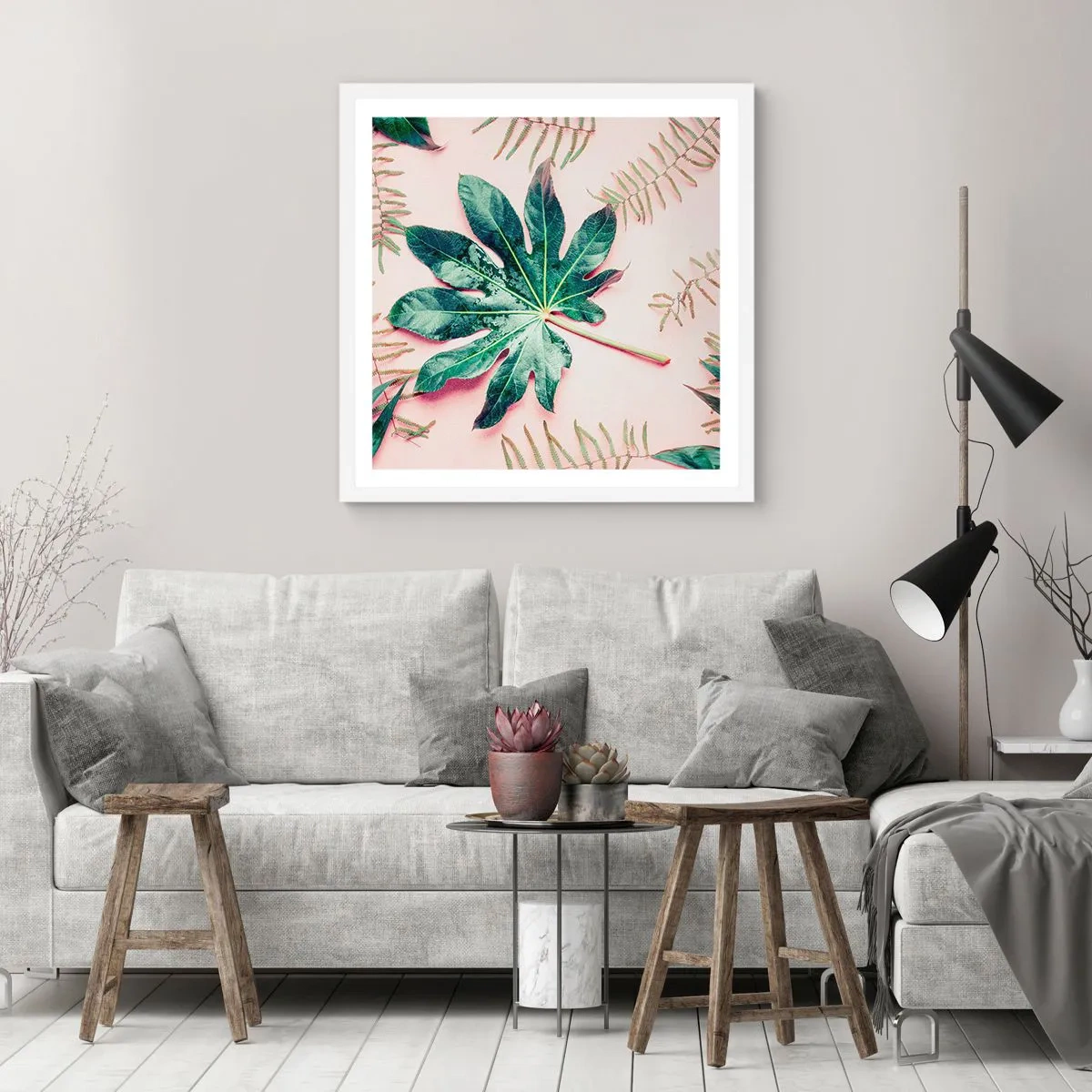 Poster în ramă albă - Studiu de verdeață pe un fundal roz - 40x40 cm
