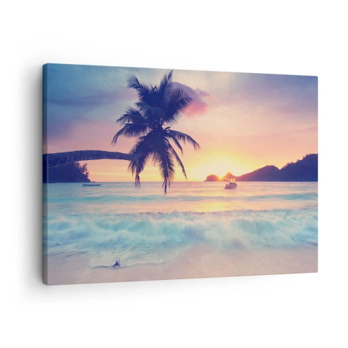 Tablou pe pânză Canvas - Plajă cu palmier și apus de soare peste ocean - 70x50cm - O seară în golf - Decorațiune modernă pentru perete pentru living și dormitor ARTTOR