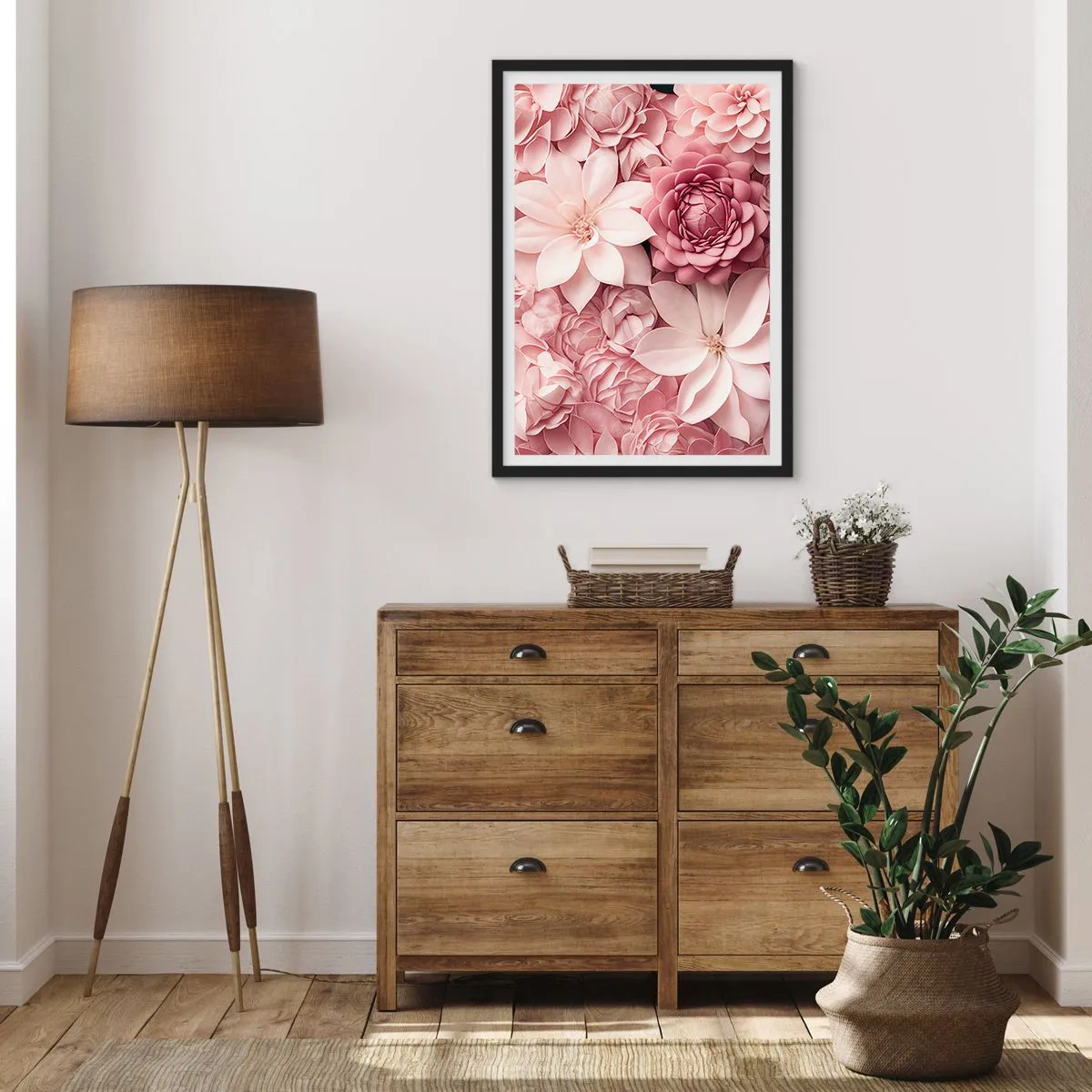 Poster în ramă neagră - Flori roz într-o compoziție elegantă - 50x70cm - În petale roz - Decorațiune modernă pentru perete pentru living și dormitor ARTTOR