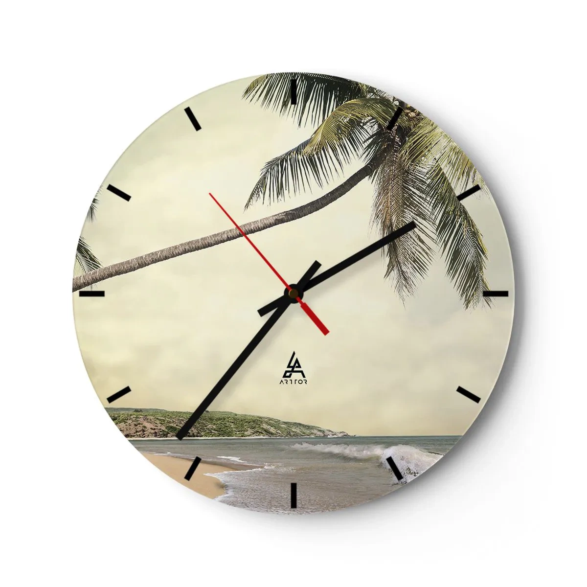 Ceas de perete - Ceas pe sticlă - Palmieri pe fundalul unei plaje tropicale - 30x30cm - Vis tropical - Decorațiune modernă pentru perete pentru living, bucătărie și dormitor ARTTOR