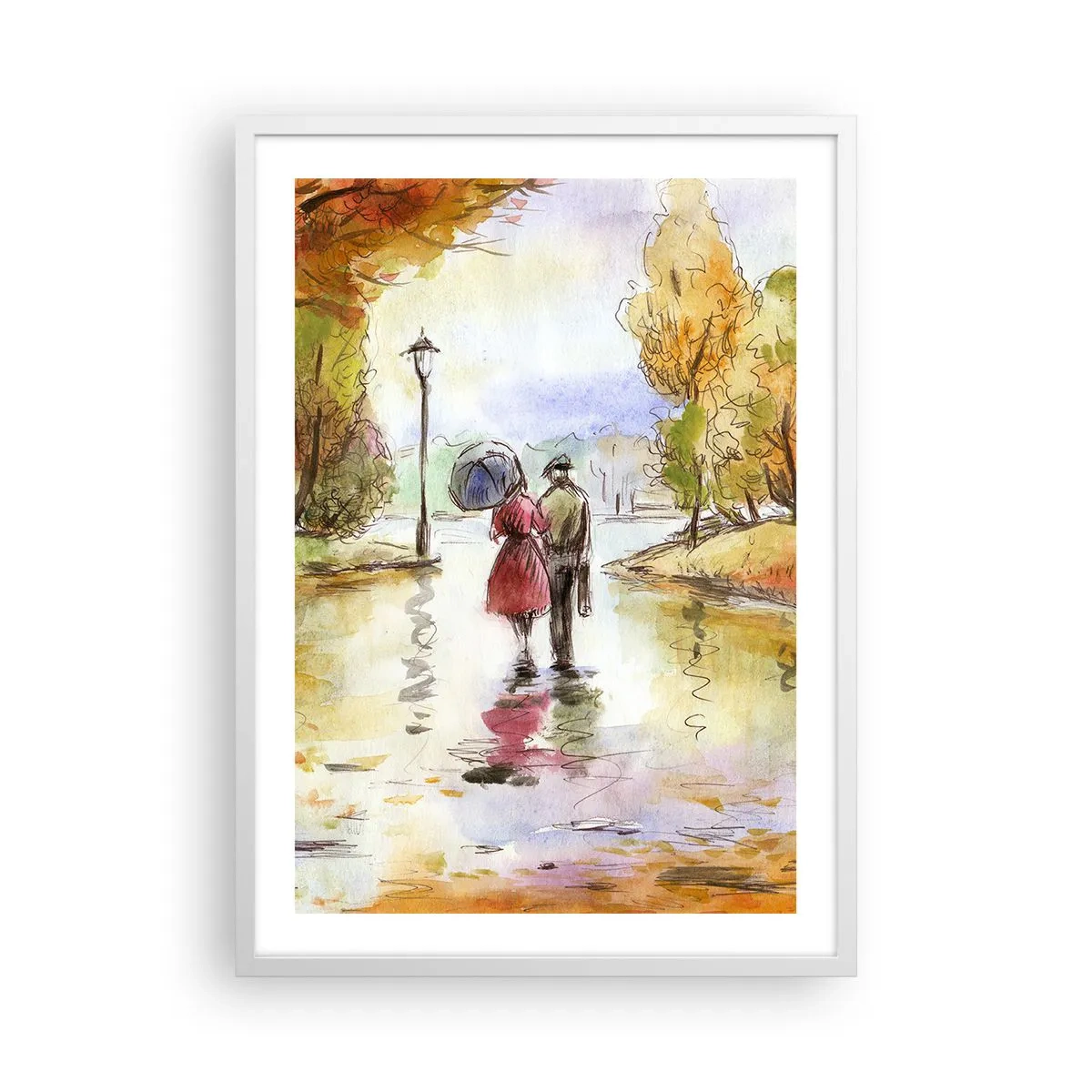 Poster în ramă albă - Toamnă romantică în parc - 50x70 cm