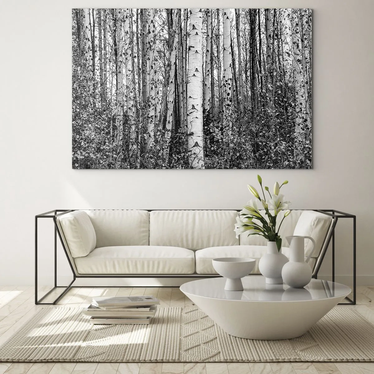 Tablou pe sticlă - Mesteacănii albi și negri creează un peisaj forestier dens - 70x50cm - Coloane de mesteacăn - Decorațiune modernă pentru perete pentru living și dormitor ARTTOR