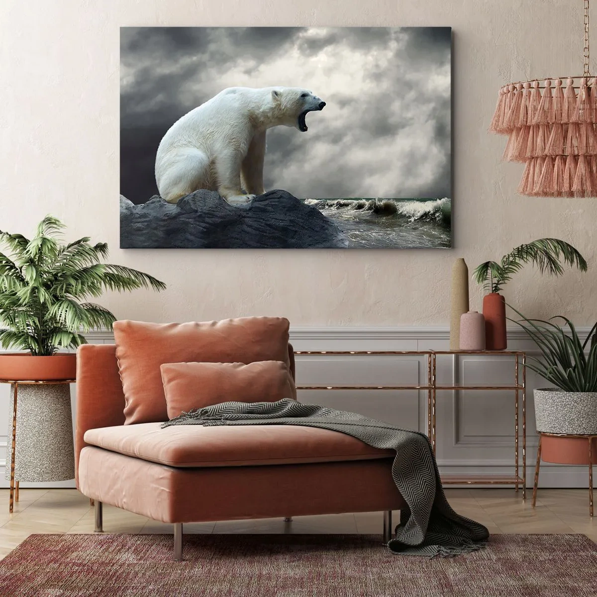 Tablou pe pânză Canvas - Un urs polar pe stânci deasupra unei mări furtunoase - 70x50cm - Regele singuratic al Arcticii - Decorațiune modernă pentru perete pentru living și dormitor ARTTOR