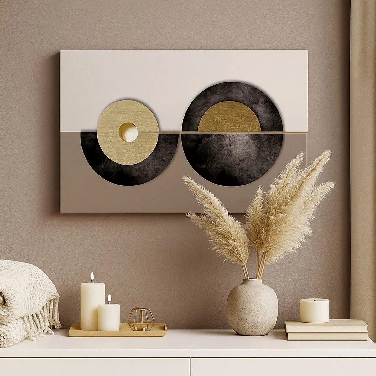 Tablou pe pânză Canvas - Cercuri abstracte în nuanțe de auriu și maro - 70x50cm - Variații în jurul unui cerc - Decorațiune modernă pentru perete pentru living și dormitor ARTTOR