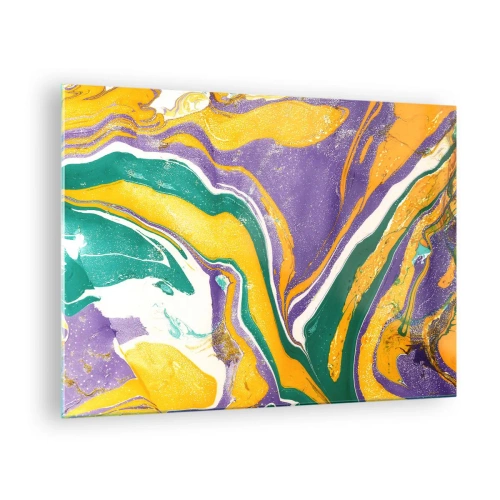 Tablou pe sticlă - Model abstract de undă în galben, violet și verde - 70x50cm - Valuri de culoare - Decorațiune modernă pentru perete pentru living și dormitor ARTTOR