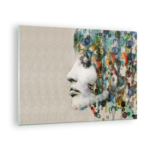 Tablou pe sticlă - Portretul unei femei cu accente abstracte de culoare - 70x50cm - A ieșit din cenușiu - Decorațiune modernă pentru perete pentru living și dormitor ARTTOR