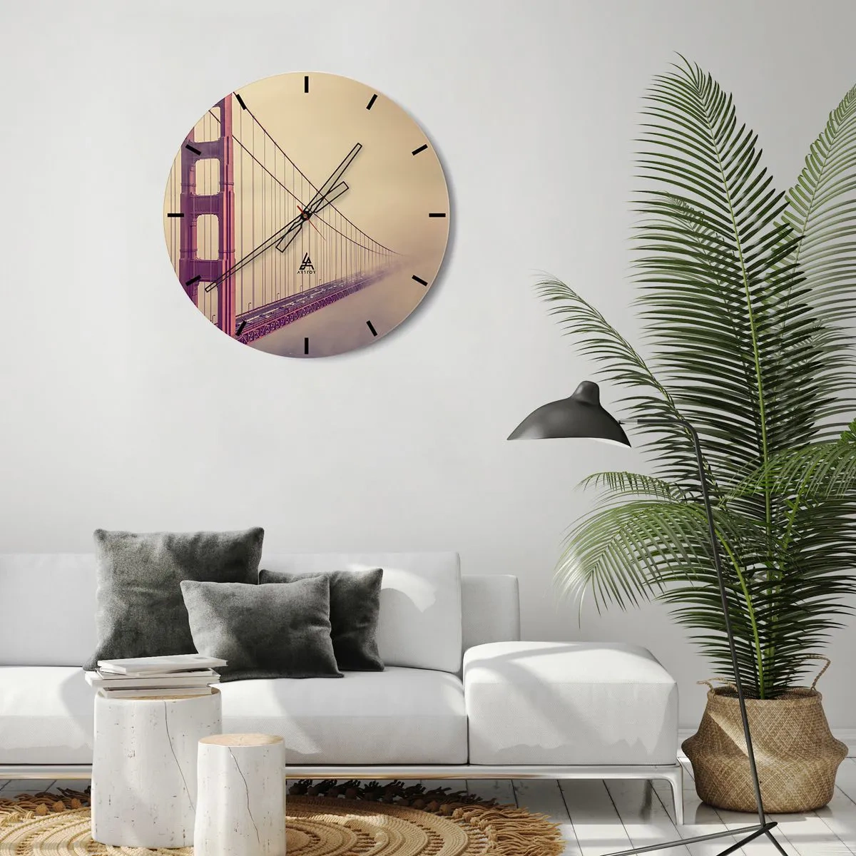 Ceas de perete - Ceas pe sticlă - Podul Golden Gate pe fundalul încețoșat - 30x30cm - Între cer și pământ - Decorațiune modernă pentru perete pentru living, bucătărie și dormitor ARTTOR