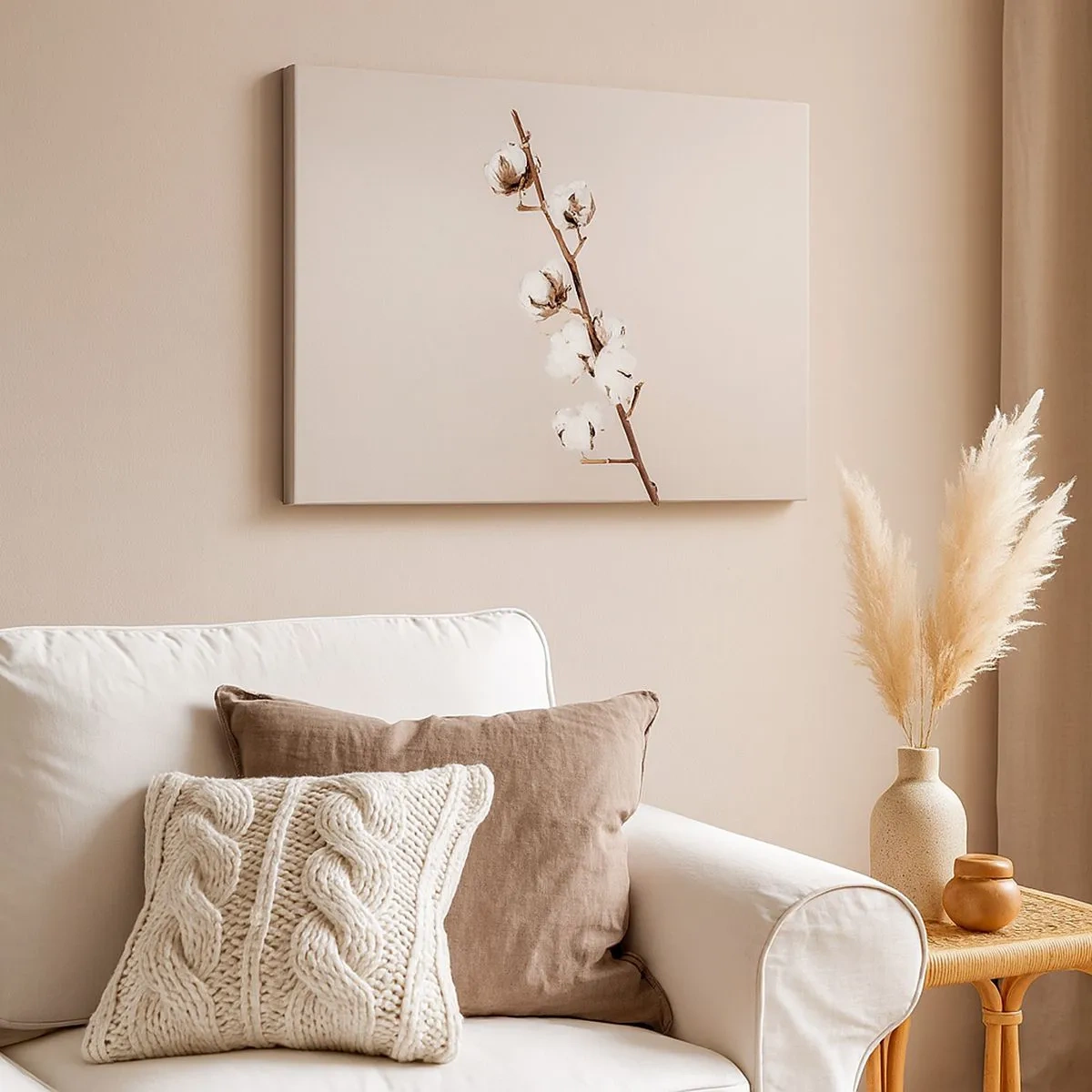 Tablou pe pânză Canvas - O crenguță de bumbac pe un fundal bej - 70x50cm - La sursa moliciunii - Decorațiune modernă pentru perete pentru living și dormitor ARTTOR