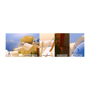 Mostră tapet autocolant Deluxe Sticker - Peisaj grecesc în alb și albastru - Peisaj, Santorini, Grecia - 100x30 cm