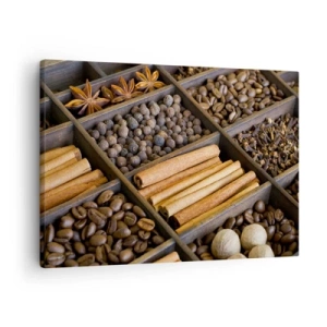 Tablou pe pânză Canvas - Condimente și cafea în compartimente din lemn - 70x50cm - Tezaur de arome - Decorațiune modernă pentru perete pentru living și dormitor ARTTOR