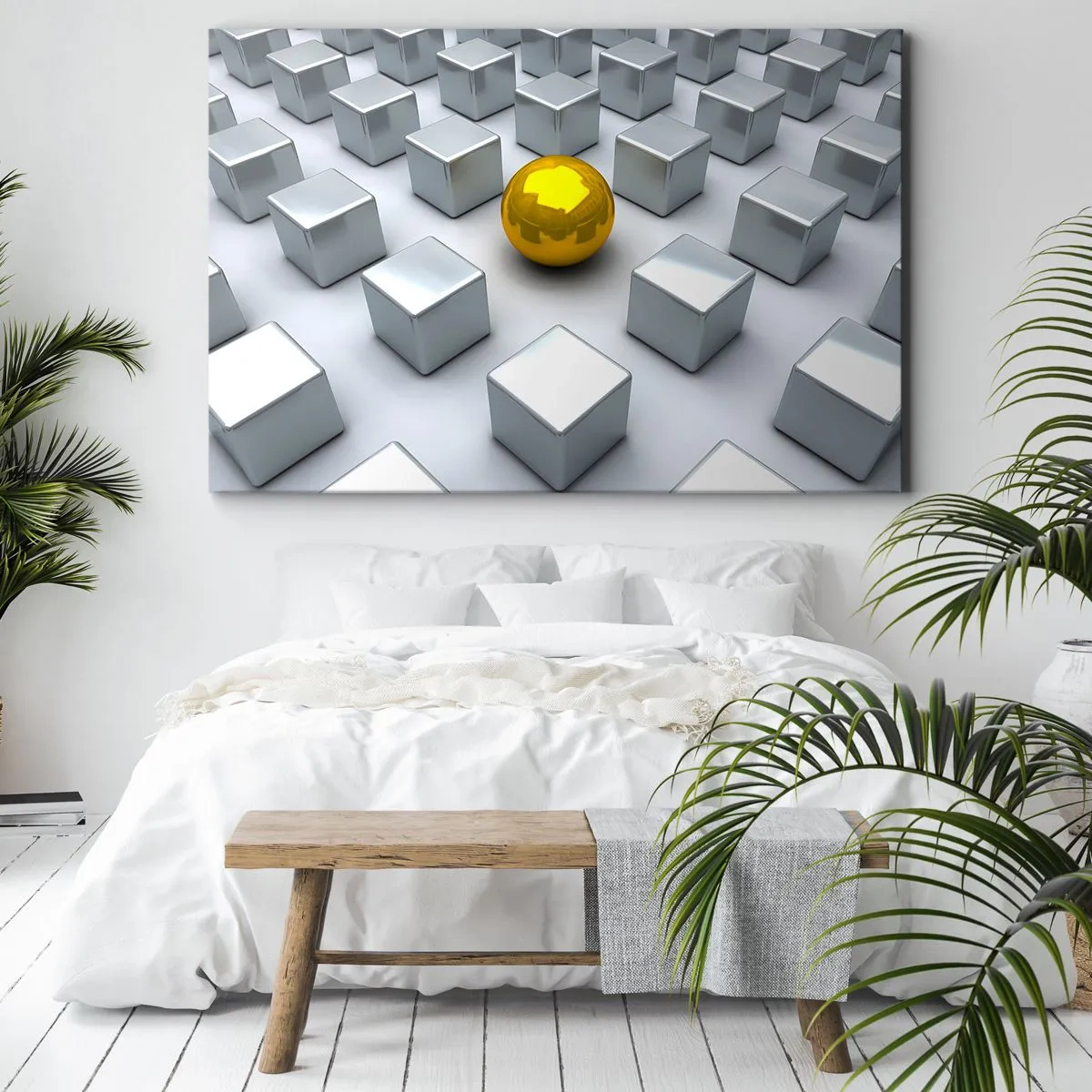 Tablou pe pânză Canvas - O sferă aurie iese în evidență printre cuburile de argint - 70x50cm - De ce eu? Compoziție geometrică - Decorațiune modernă pentru perete pentru living și dormitor ARTTOR