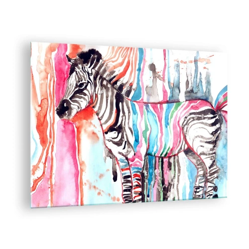 Tablou pe sticlă - Zebră colorată în stil acuarelă - 70x50cm - O glumă inocentă a naturii - Decorațiune modernă pentru perete pentru living și dormitor ARTTOR