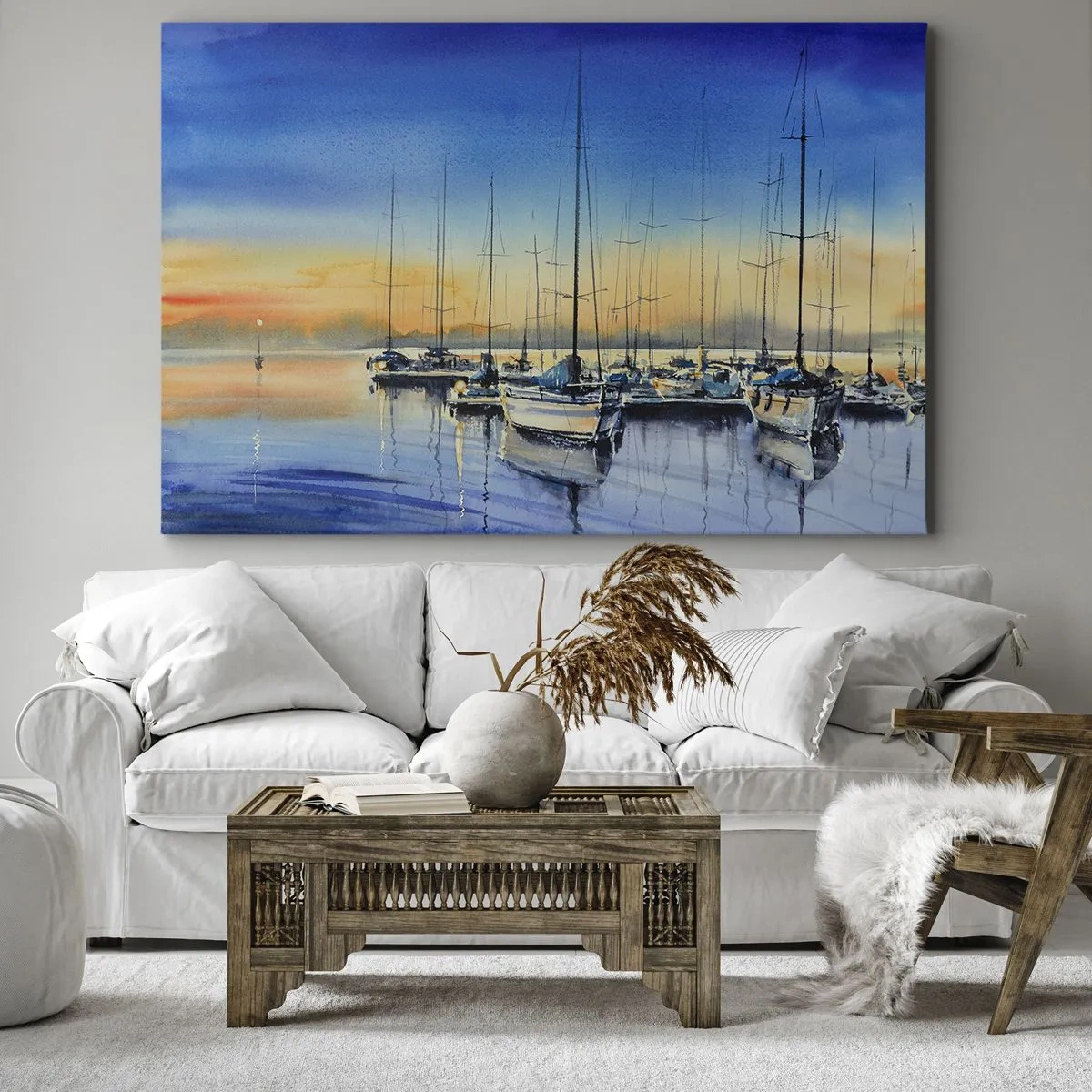 Tablou pe pânză Canvas - Port de iahturi la apus cu reflexii pe apă - 70x50cm - Sfârșitul unei zile bune - Decorațiune modernă pentru perete pentru living și dormitor ARTTOR