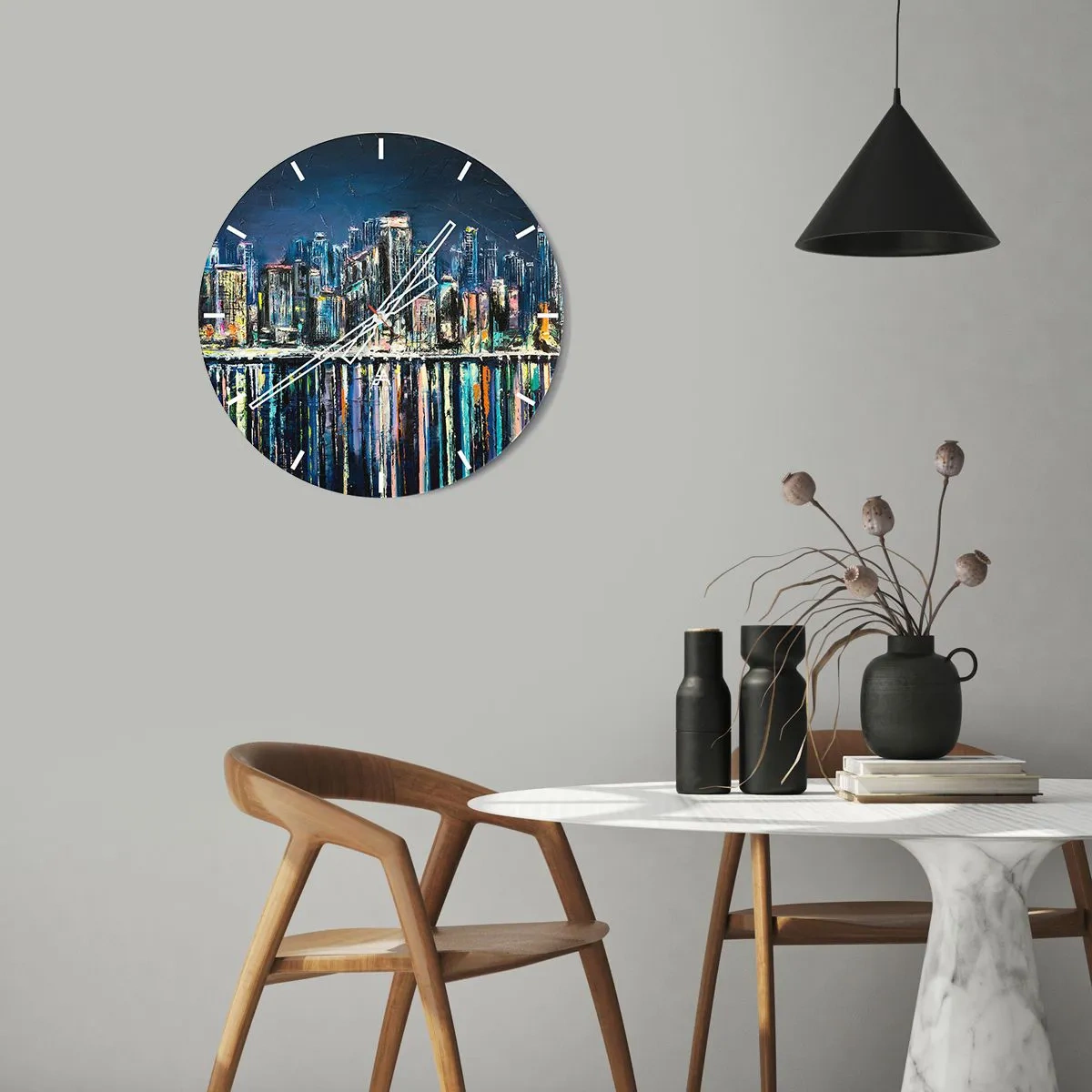 Ceas de perete - Ceas pe sticlă - Panoramă nocturnă a orașului cu reflexii de lumină pe apă - 30x30cm - Cascadă de lumini - Decorațiune modernă pentru perete pentru living, bucătărie și dormitor ARTTOR