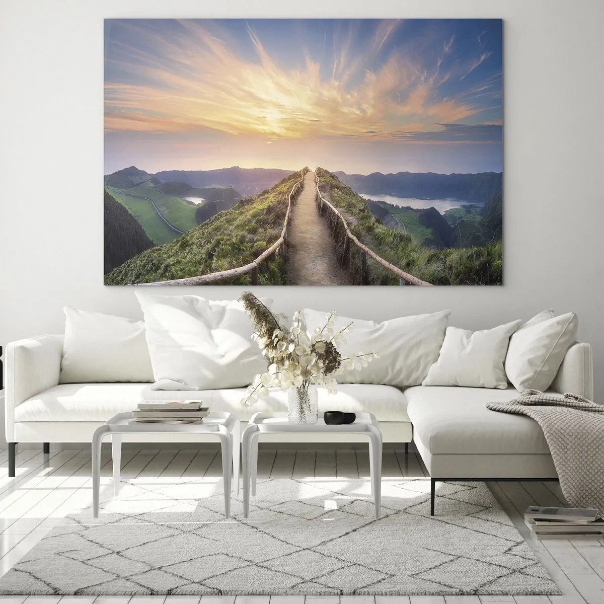 Tablou pe sticlă - Cale de pe deal cu vedere la apus - 70x50cm - Aproape de cer - Decorațiune modernă pentru perete pentru living și dormitor ARTTOR