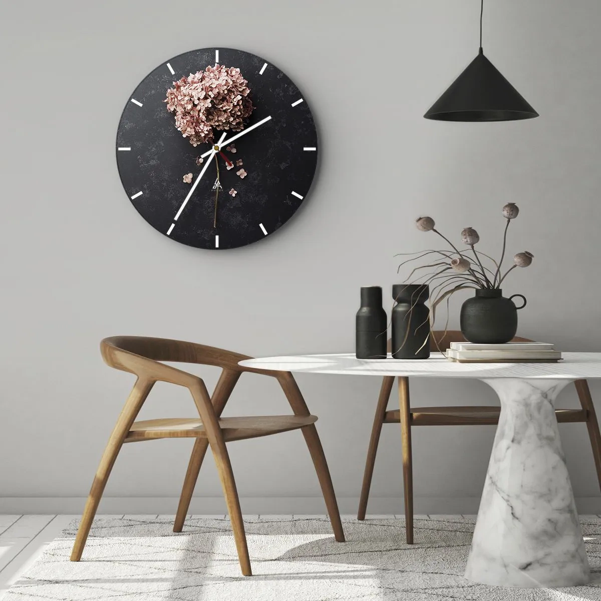 Ceas de perete - Ceas pe sticlă - Hortensie roz pe fundal negru - 30x30cm - Un semn cu adevărat romantic - Decorațiune modernă pentru perete pentru living, bucătărie și dormitor ARTTOR