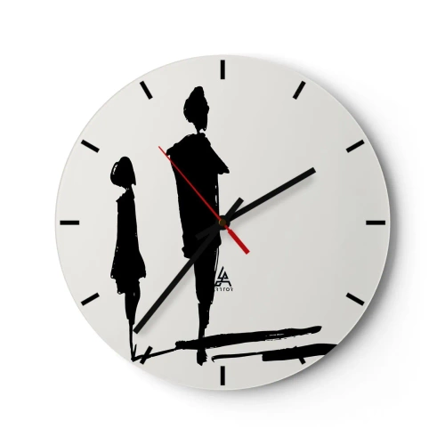 Ceas de perete - Ceas pe sticlă - Siluete negre a două figuri pe fundal alb, într-un stil schițat. - 30x30cm - Cu siguranță împreună? - Decorațiune modernă pentru perete pentru living, bucătărie și dormitor ARTTOR