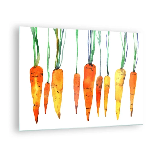 Tablou pe sticlă - Morcovi în acuarelă în diferite nuanțe de portocaliu cu tulpini verzi - 70x50cm - Frumusețea banalității - Decorațiune modernă pentru perete pentru living și dormitor ARTTOR