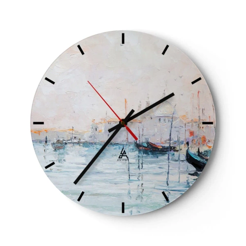 Ceas de perete - Ceas pe sticlă - O pictură impresionistă reprezentând un port cu bărci pe ape calme. - 30x30cm - În spatele apei, în spatele ceții - Decorațiune modernă pentru perete pentru living, bucătărie și dormitor ARTTOR