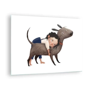 Tablou pe sticlă - O fată îmbrățișând un câine mare pe un fundal alb - 70x50cm - Cei mai buni prieteni - Decorațiune modernă pentru perete pentru living și dormitor ARTTOR