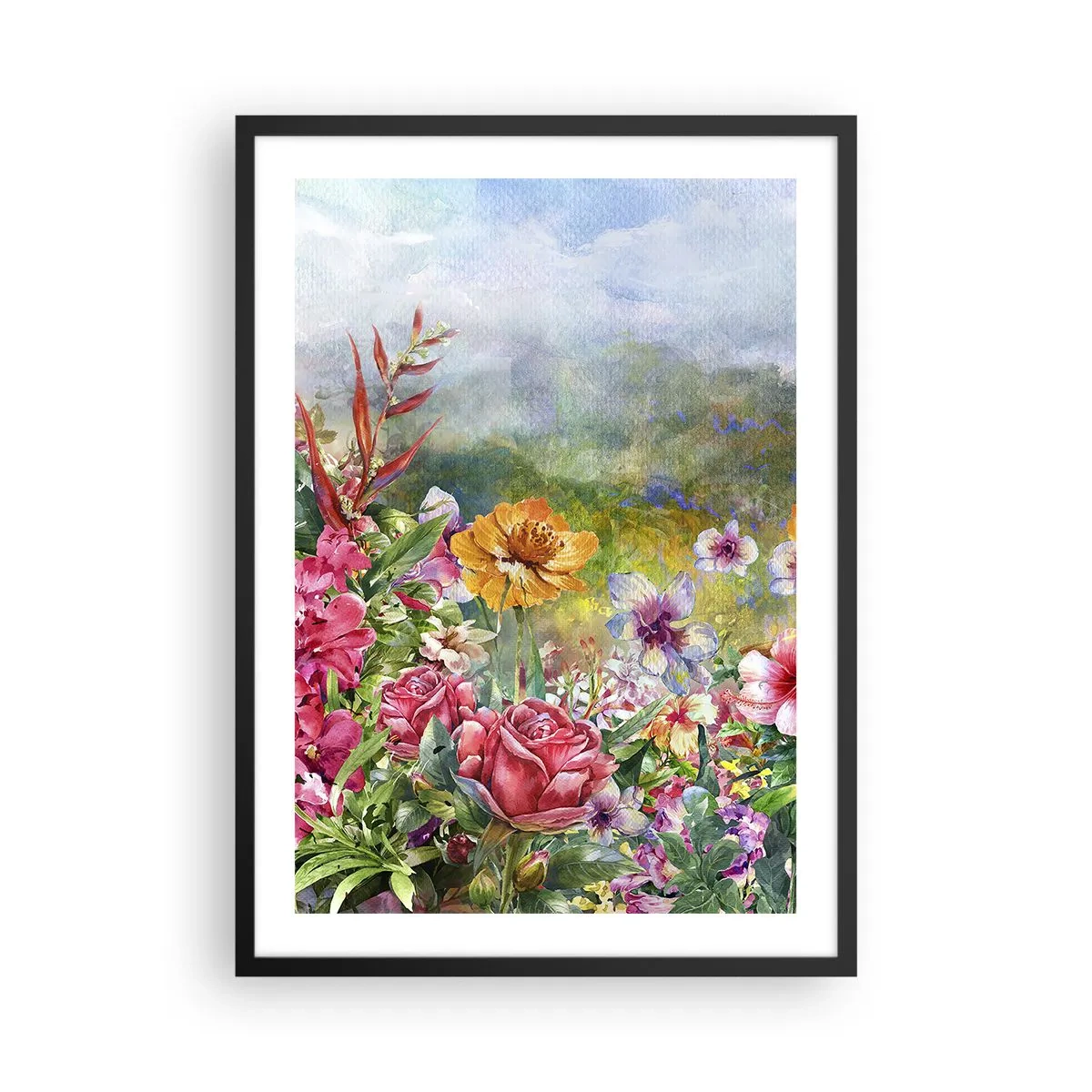 Poster în ramă neagră - Un câmp de flori într-o zi însorită - 50x70cm - O grădină înnebunită - Decorațiune modernă pentru perete pentru living și dormitor ARTTOR