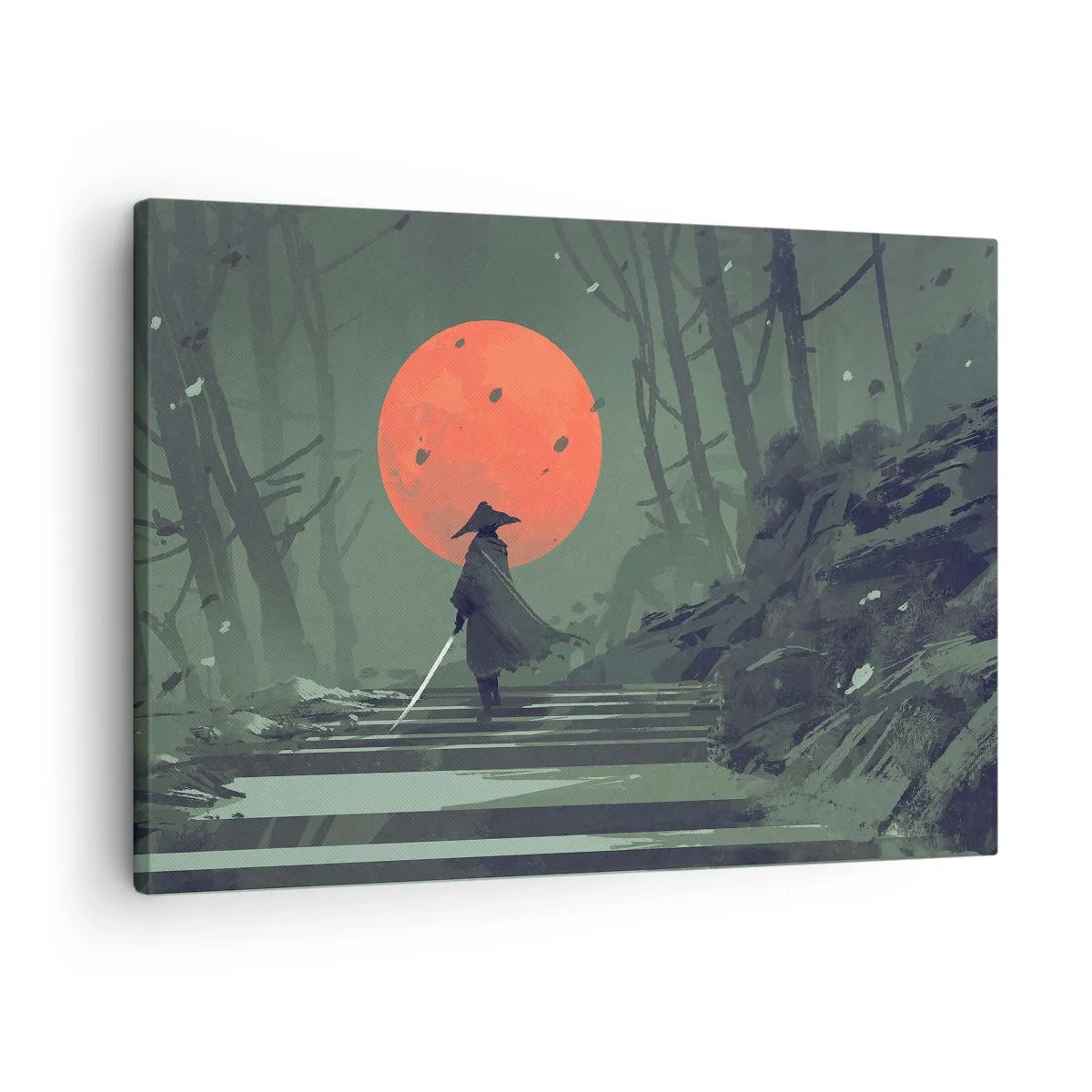 Tablou pe pânză Canvas - Un războinic singuratic cu o sabie pe fundalul unei luni roșii într-o pădure întunecată. - 70x50cm - Războinicul lunii roșii - Decorațiune modernă pentru perete pentru living și dormitor ARTTOR