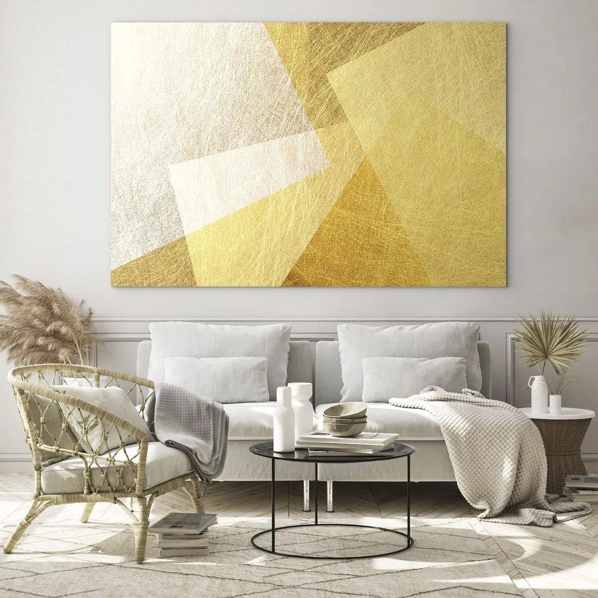 Tablou pe sticlă - Forme geometrice aurii cu textură metalică și ușoară - 70x50cm - Vremea de geometrie - Decorațiune modernă pentru perete pentru living și dormitor ARTTOR