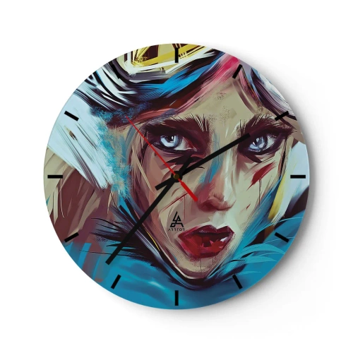 Ceas de perete - Ceas pe sticlă - Un portret expresiv al unei femei în culori intense - 30x30cm - Războinica de drum - Decorațiune modernă pentru perete pentru living, bucătărie și dormitor ARTTOR