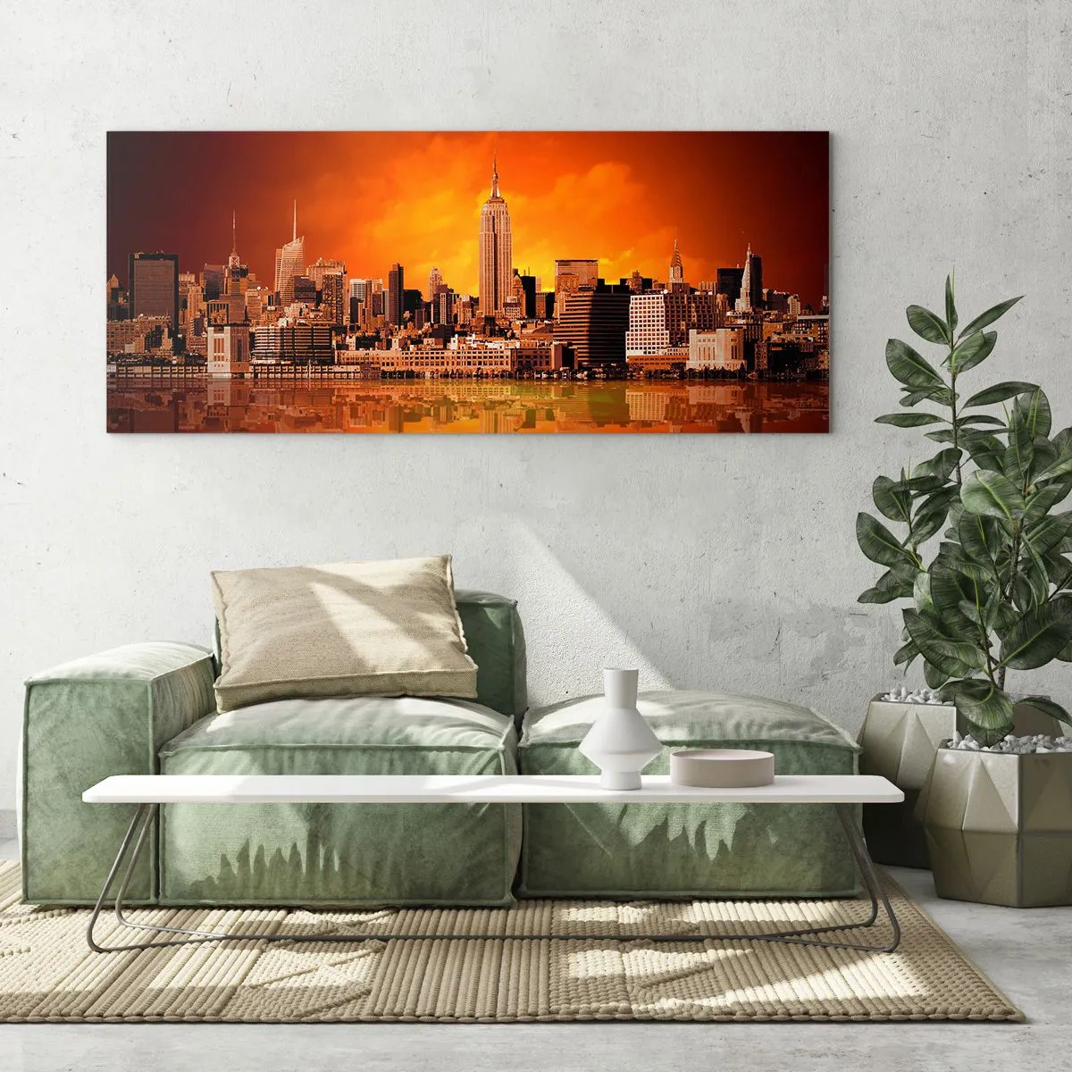 Tablou pe sticlă - Panorama unui oraș mare în galben și maro - 90x30 cm