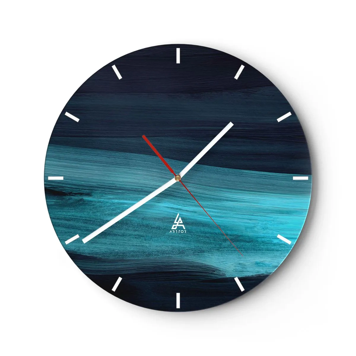 Ceas de perete - Ceas pe sticlă - Dungi abstracte în turcoaz și albastru marin care amintesc de apă - 30x30cm - Du-te cu fluxul - Decorațiune modernă pentru perete pentru living, bucătărie și dormitor ARTTOR