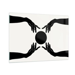 Tablou pe sticlă - Mâini negre în jurul unui cerc negru pe un fundal deschis - 70x50cm - Semnul secret - Decorațiune modernă pentru perete pentru living și dormitor ARTTOR