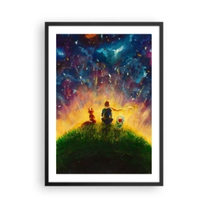 Poster în ramă neagră - Figuri așezate pe un deal sub un cer înstelat - 50x70cm - Dragoste și prietenie - întreaga lume - Decorațiune modernă pentru perete pentru living și dormitor ARTTOR