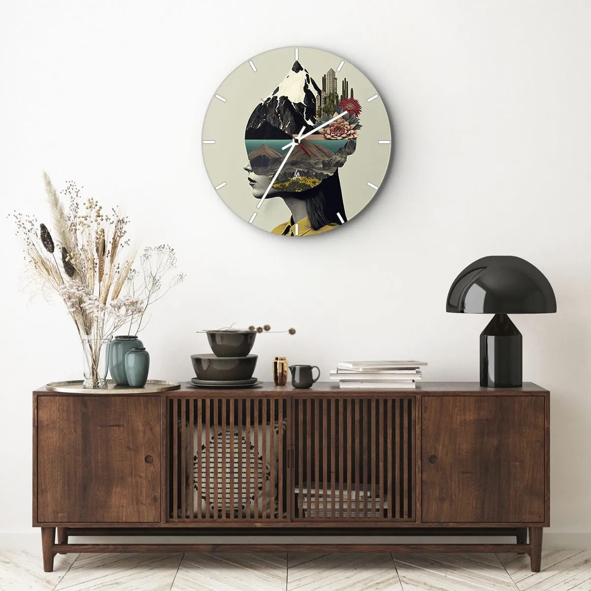 Ceas de perete - Ceas pe sticlă - Portret artistic al unei femei cu un peisaj și flori în cap - 30x30cm - Femeia - întotdeauna un mister - Decorațiune modernă pentru perete pentru living, bucătărie și dormitor ARTTOR