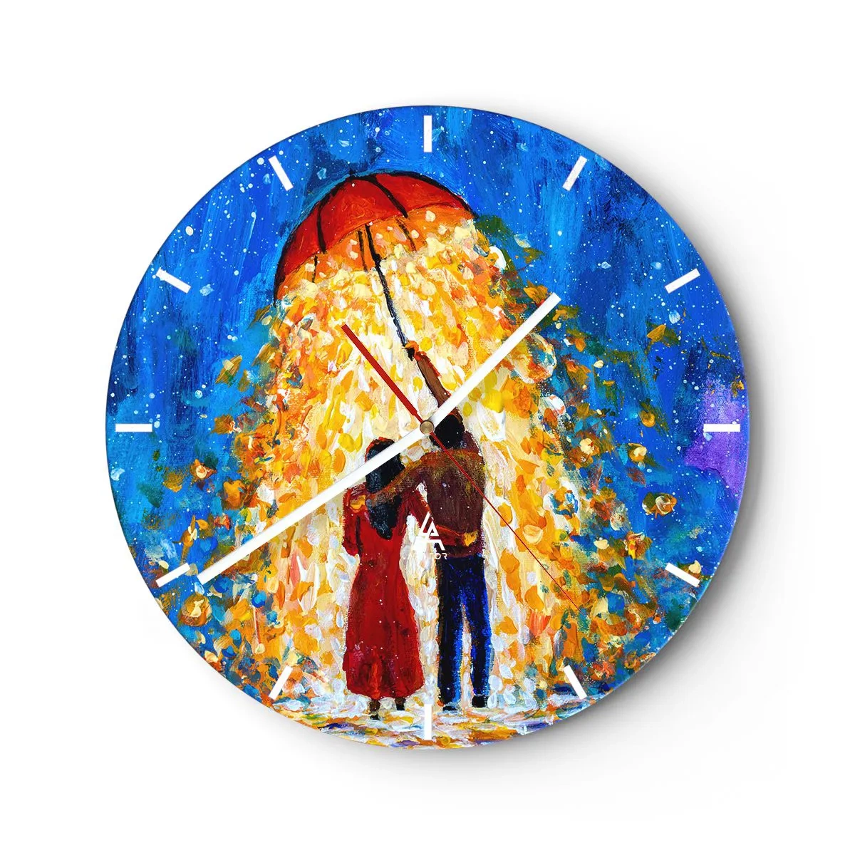Ceas de perete - Ceas pe sticlă - Un cuplu sub o umbrelă roșie într-o ploaie luminoasă de culori - 30x30cm - Magia unei seri ploioase? - Decorațiune modernă pentru perete pentru living, bucătărie și dormitor ARTTOR