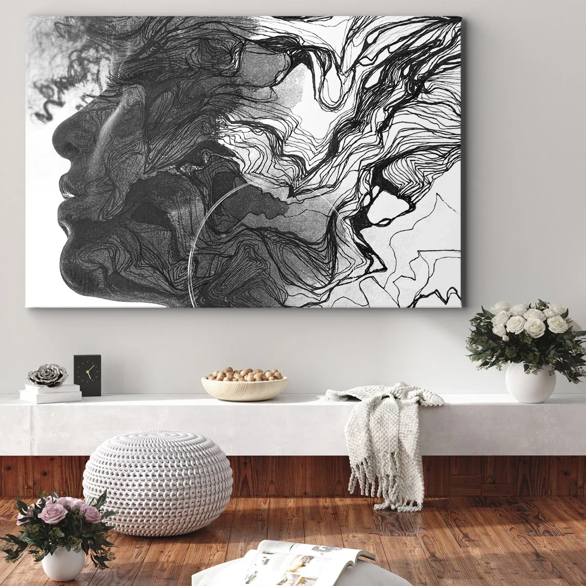 Tablou pe pânză Canvas - Față abstractă în alb și negru cu linii dinamice. - 70x50cm - Încurcată în vise - Decorațiune modernă pentru perete pentru living și dormitor ARTTOR
