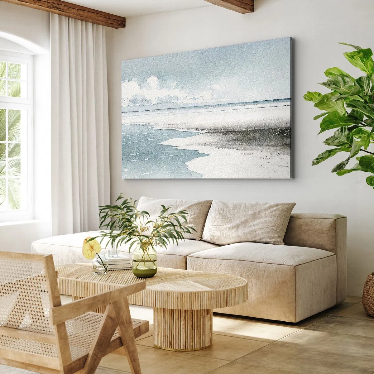 Tablou pe pânză Canvas - O mare calmă și o plajă în nuanțe deschise de albastru - 70x50cm - Mareea blândă - Decorațiune modernă pentru perete pentru living și dormitor ARTTOR