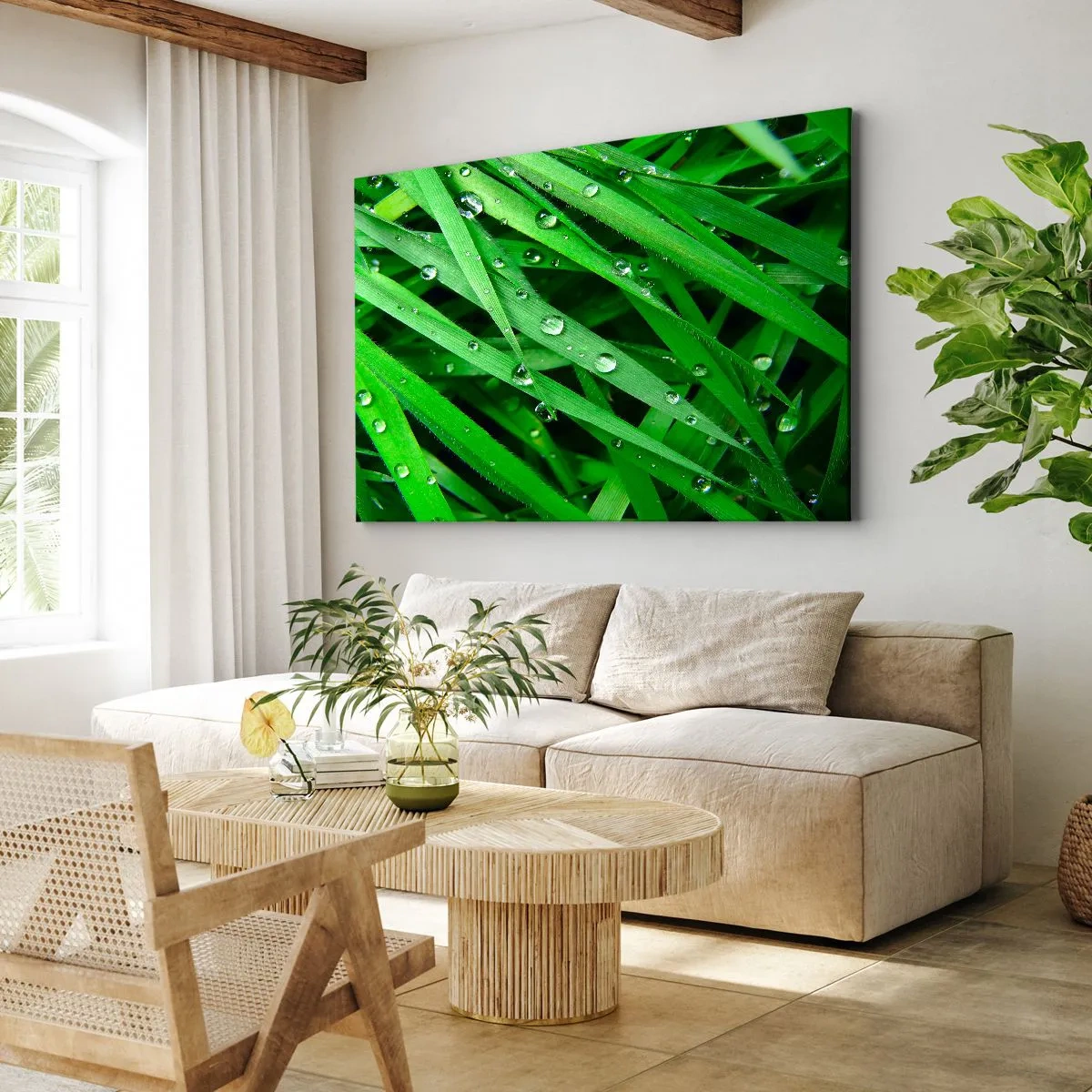 Tablou pe pânză Canvas - Prim-plan cu fire verzi de iarbă cu picături de rouă - 70x50cm - Joacă de-a verdele - Decorațiune modernă pentru perete pentru living și dormitor ARTTOR