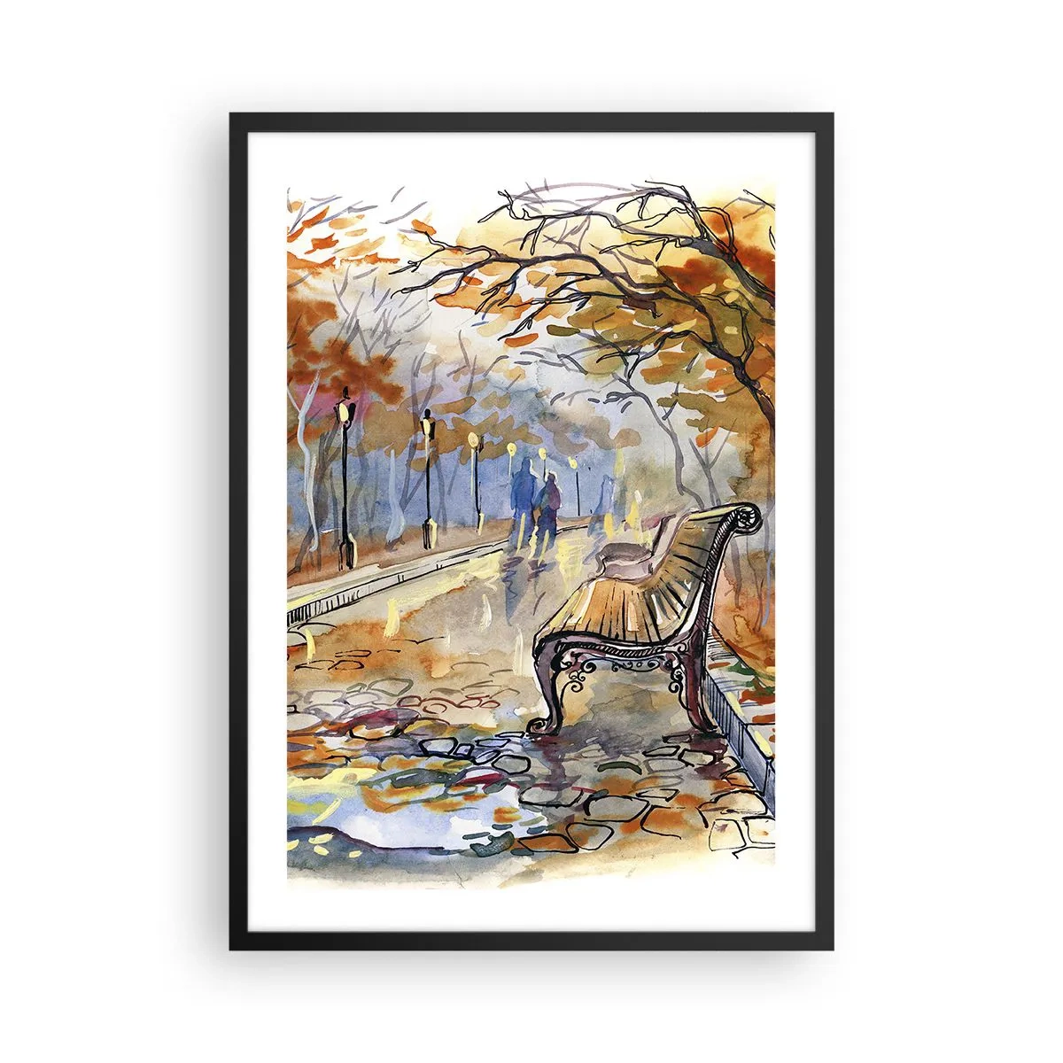 Poster în ramă neagră - Bancă într-un parc de toamnă, acuarelă - 50x70cm - Pășim împreună în toamnă - Decorațiune modernă pentru perete pentru living și dormitor ARTTOR
