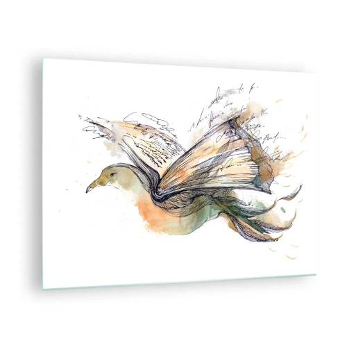 Tablou pe sticlă - O pasăre dintr-o carte derulată, o metaforă artistică pentru cunoaștere - 70x50cm - Pe aripile poeziei - Decorațiune modernă pentru perete pentru living și dormitor ARTTOR