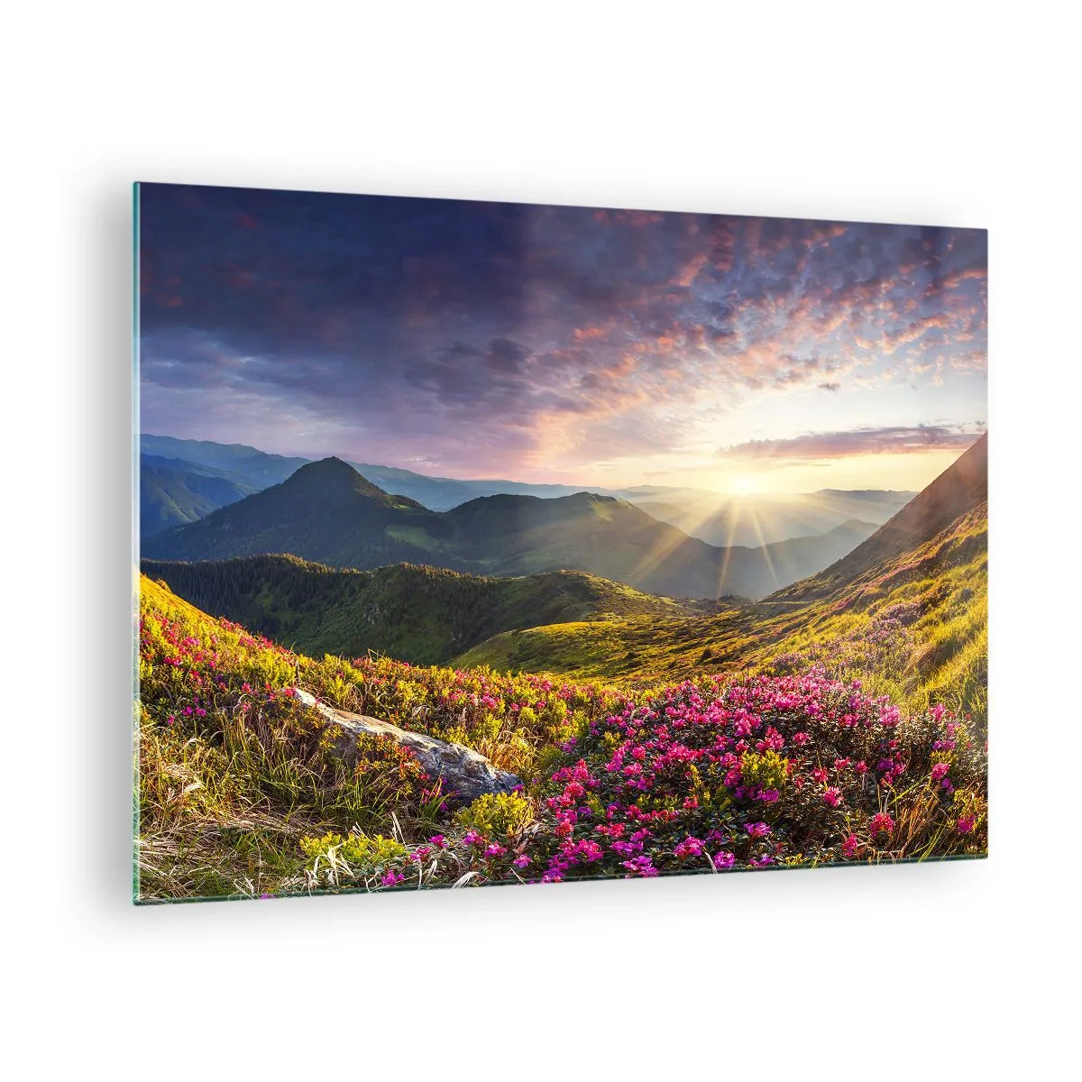 Tablou pe sticlă - Peisaj montan la răsărit cu flori înflorite - 70x50cm - Prospețimea unei dimineți de munte - Decorațiune modernă pentru perete pentru living și dormitor ARTTOR